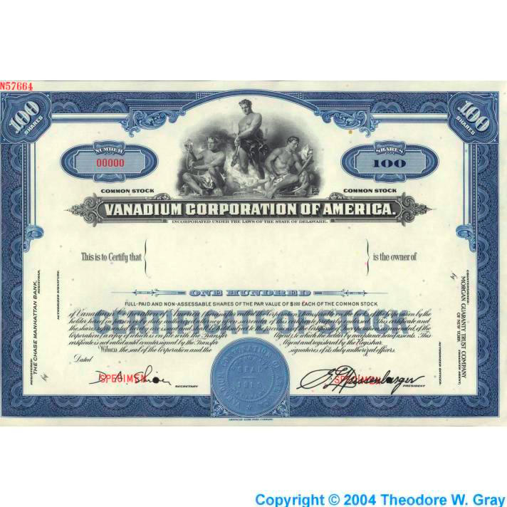 Vanadium Stock certificate